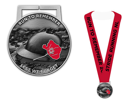 Run to Remember 2023 Participant Medal</p>
<p>Design for Run to Remember participant medal.  Medal is round  with ribbon hook. Engraved with soldier's helmut and a poppy laid next to it.  Poppy is colored red.